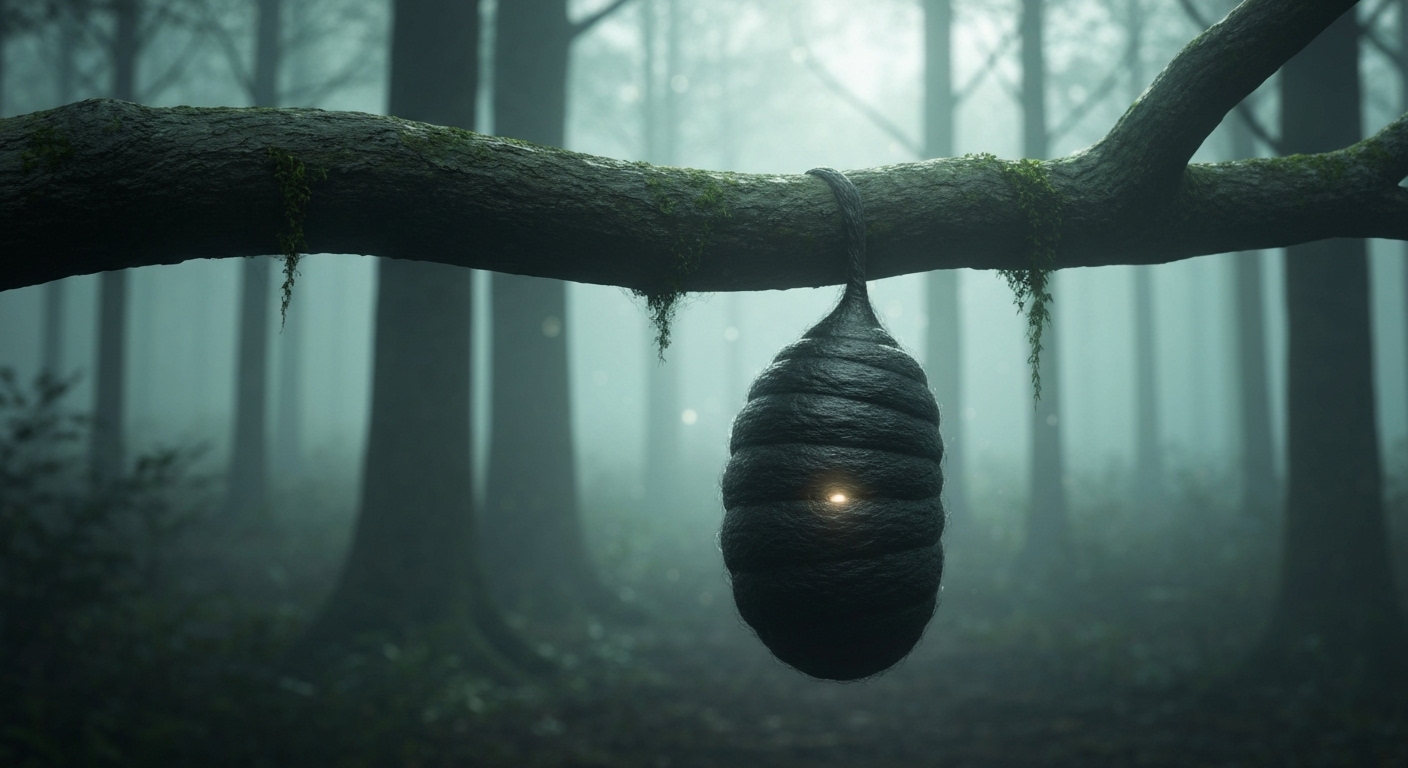 一只毛毛虫在树枝上爬行，背景是模糊的森林，暗示着蜕变前的隐秘与等待。