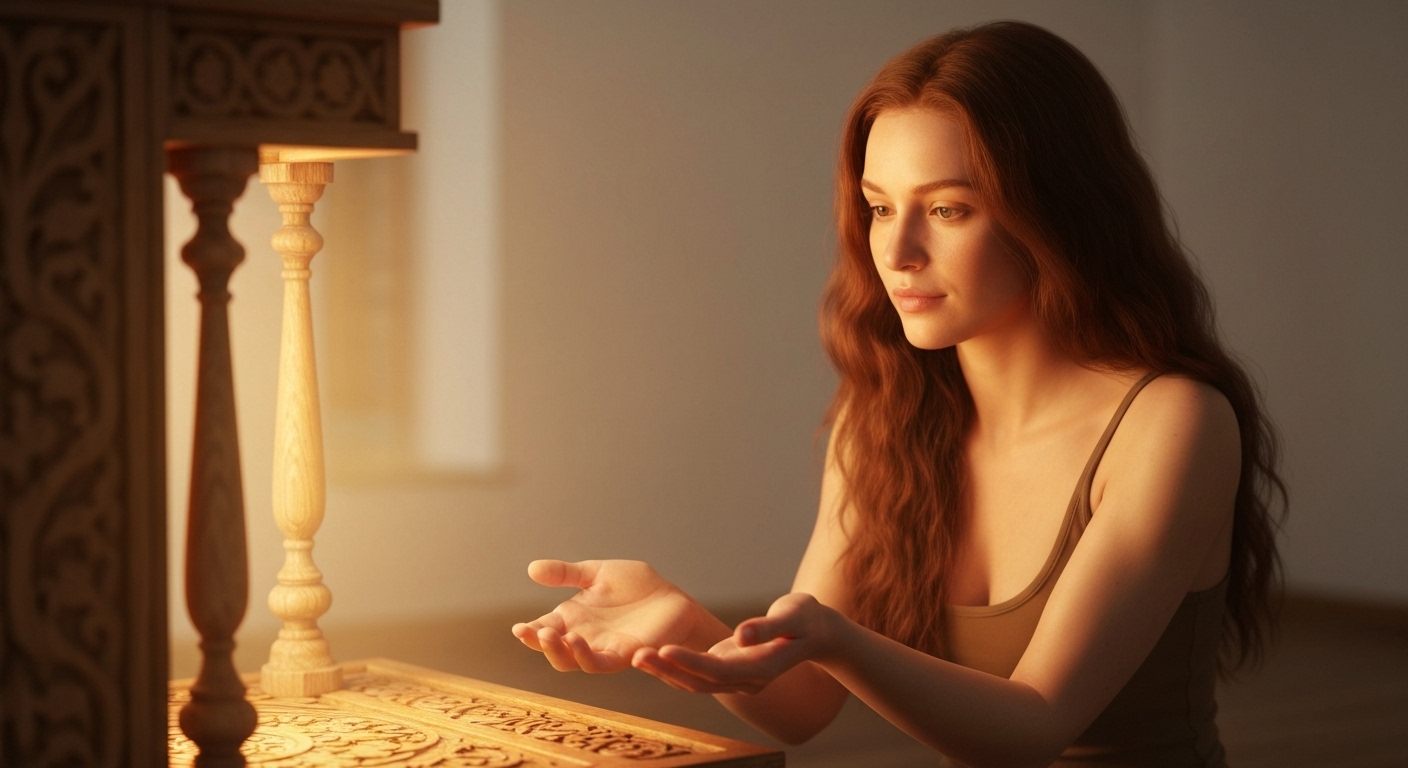 A large, ancient tree with branches spreading wide, illuminated by sunlight filtering through the leaves, symbolizing deep roots and profound spiritual understanding.